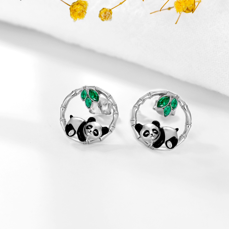 Sterling Silver Cubic Zirconia Panda & Bamboo Stud Earrings-5