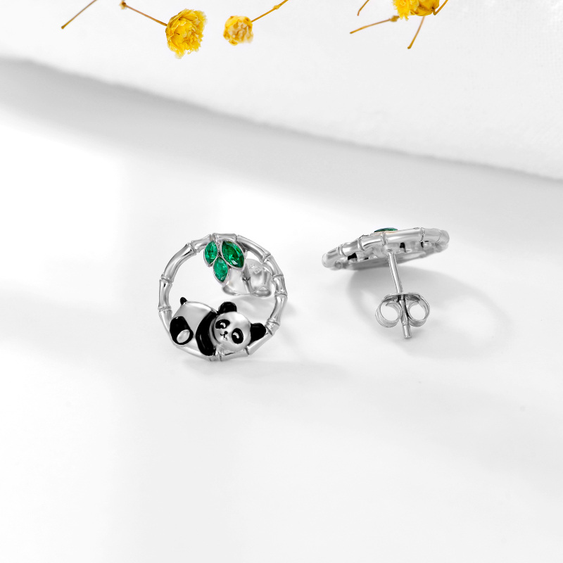 Sterling Silver Cubic Zirconia Panda & Bamboo Stud Earrings-6