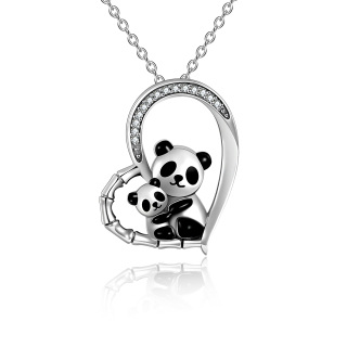 Sterling Silver Cubic Zirconia Panda & Electrocardiogram Pendant Necklace-56