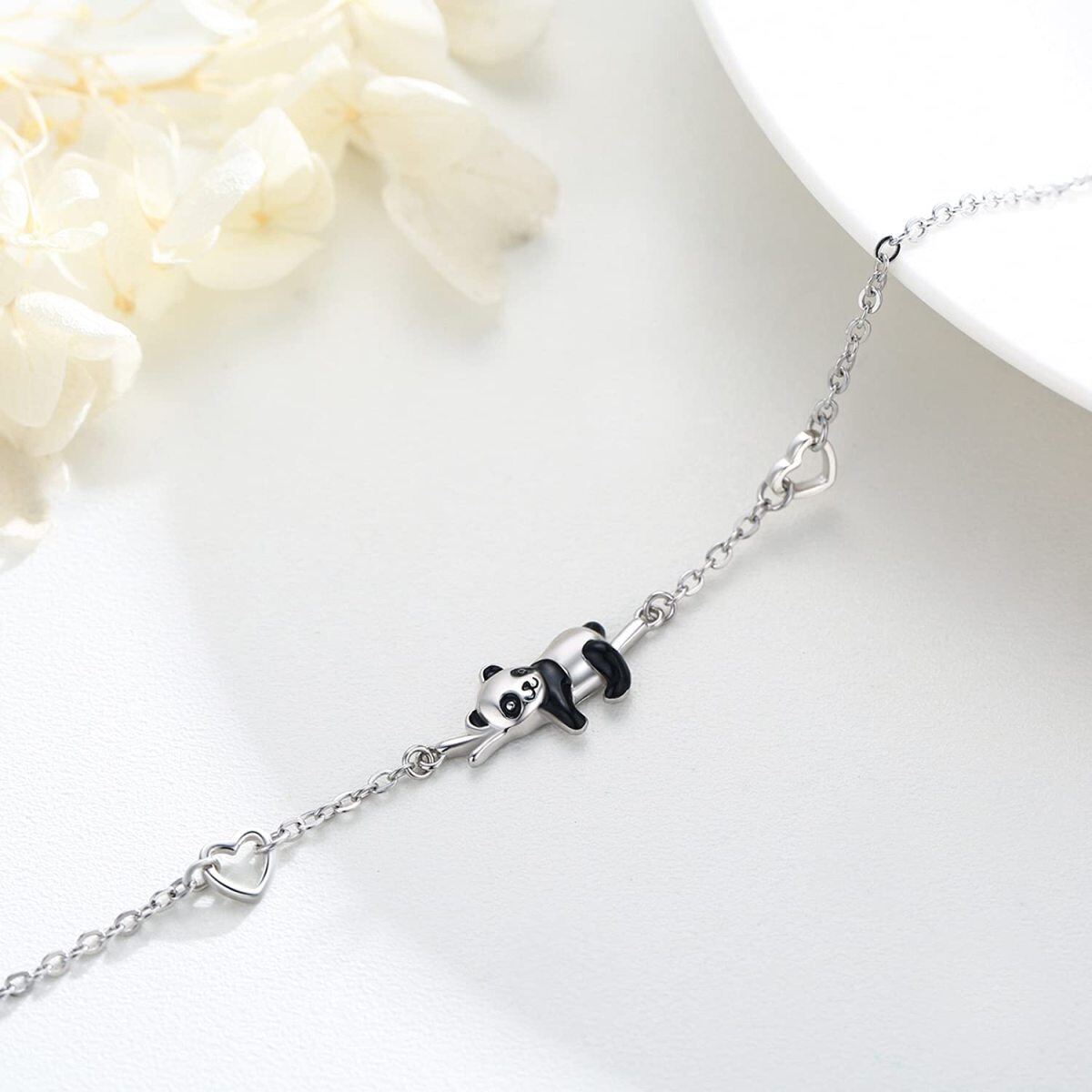 Pulsera con colgante de corazón y panda de plata de ley-4