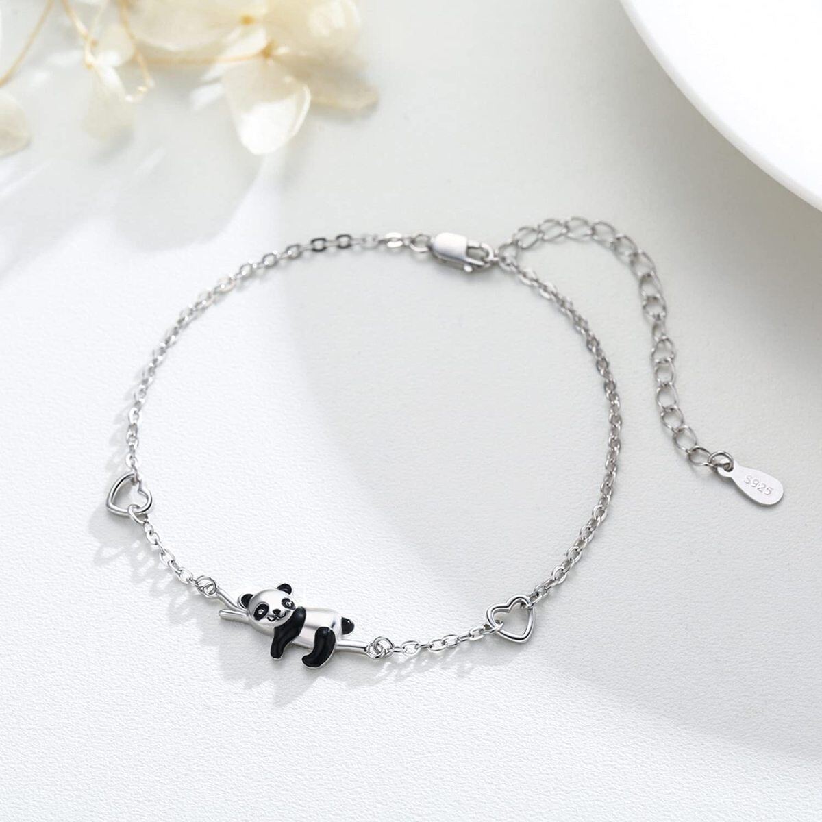 Pulsera con colgante de corazón y panda de plata de ley-5