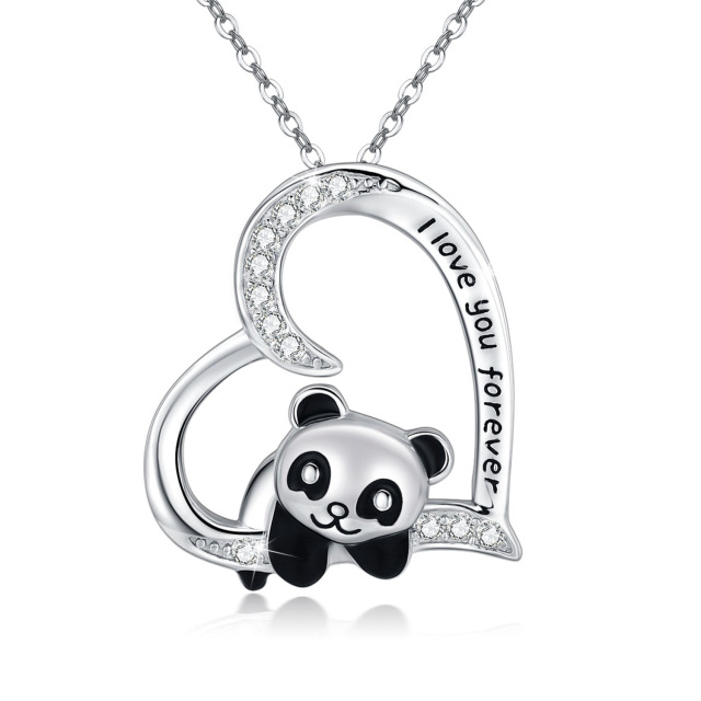 Collier en argent sterling avec pendentif panda et coeur en zircon cubique avec mot gravé-1