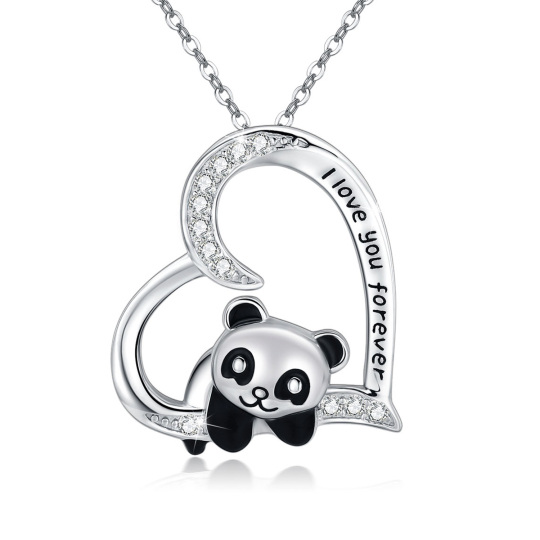 Sterling Silber Cubic Zirkonia Panda & Herz Anhänger Halskette mit eingraviertem Wort