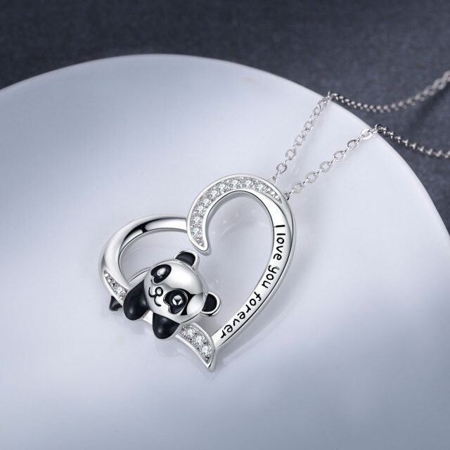 Collar de plata de ley con colgante de corazón y panda de circonita cúbica con palabra gra-4