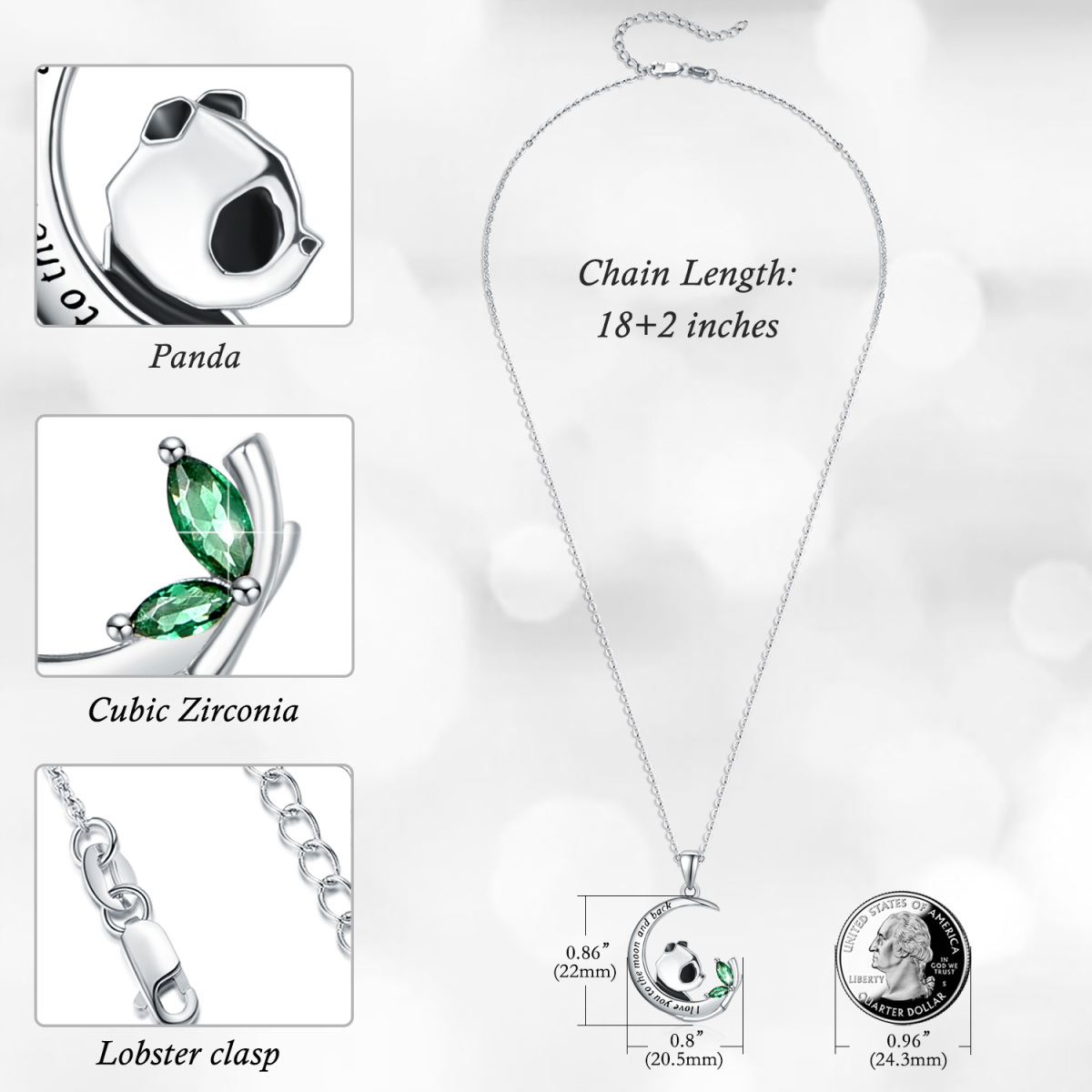 Collana con ciondolo Panda e Luna in argento sterling con zirconio cubico-5