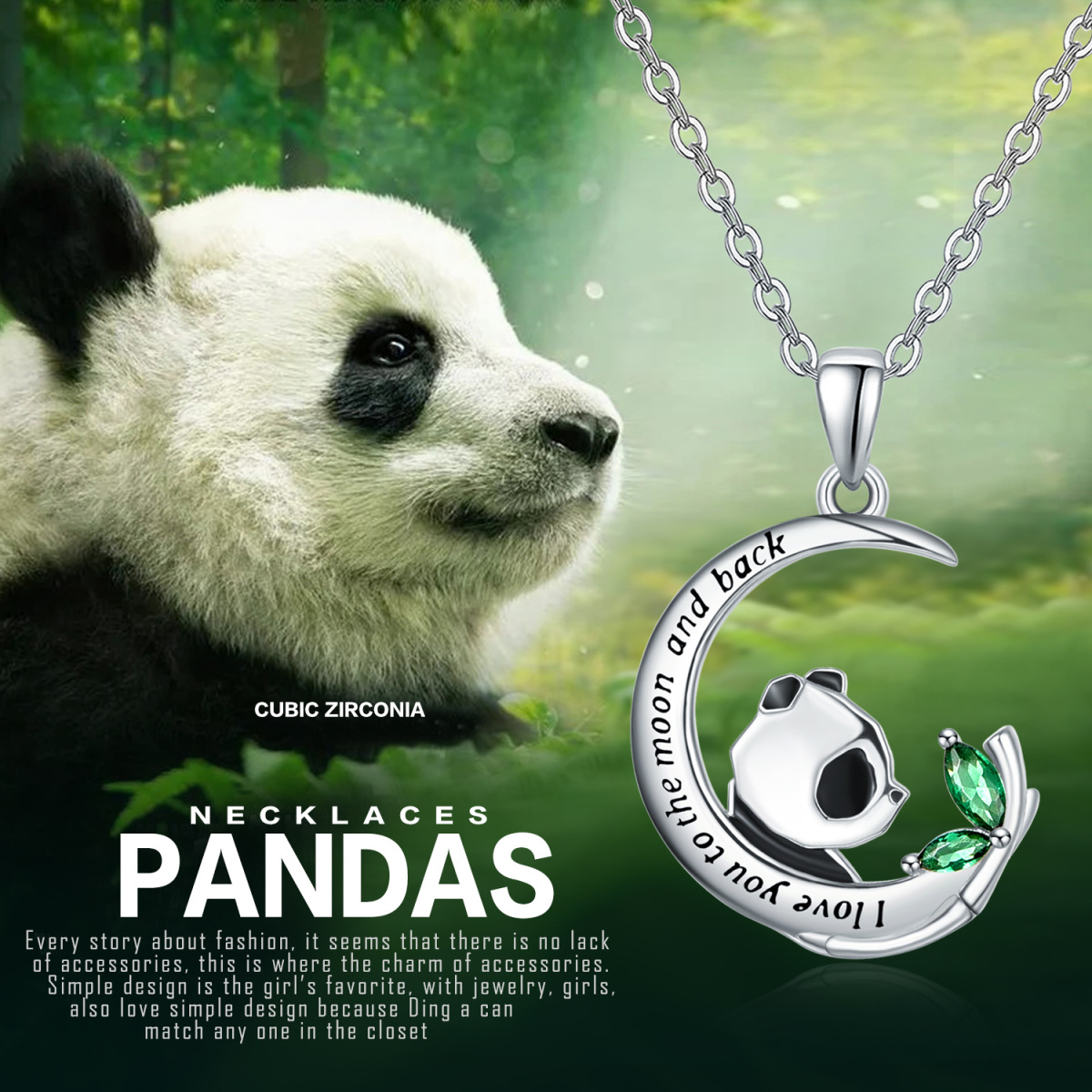 Collier en argent sterling avec pendentif Panda et Lune en zircon cubique-6