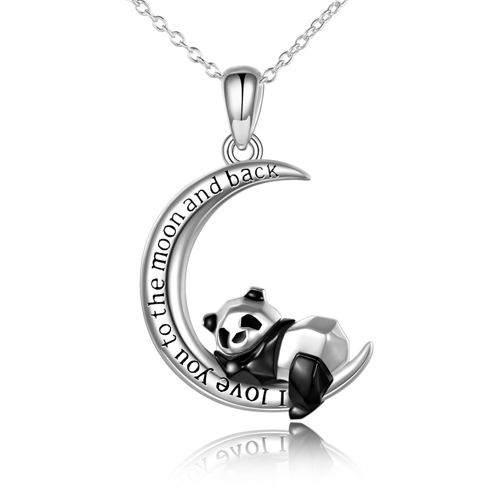 Colar com pendente Panda e Lua em prata esterlina com palavra gravada-1
