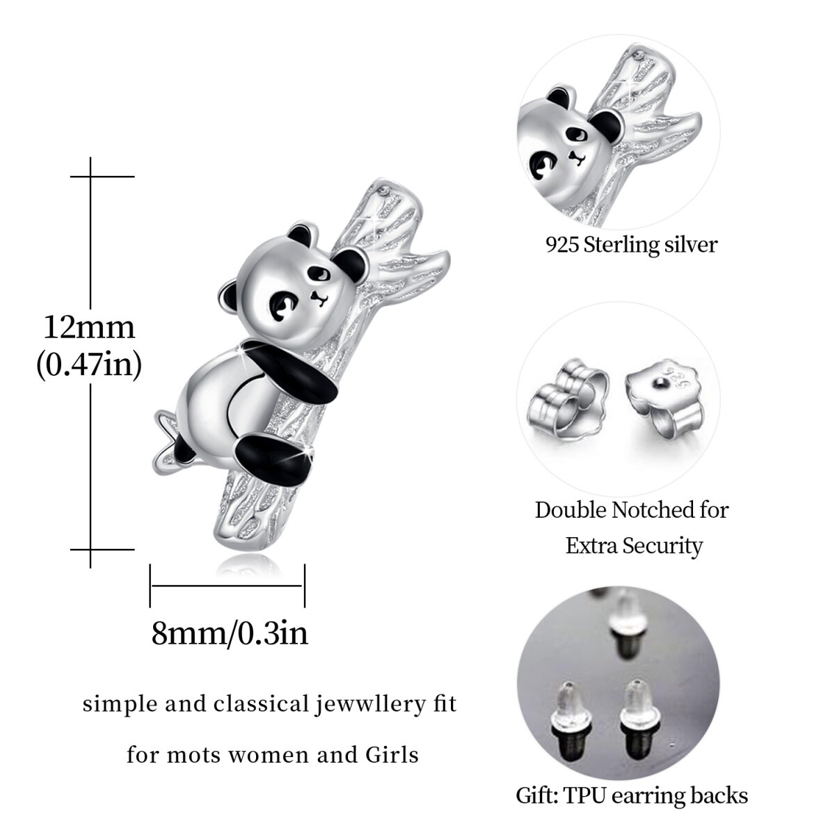 Orecchini a perno Panda in argento sterling-5