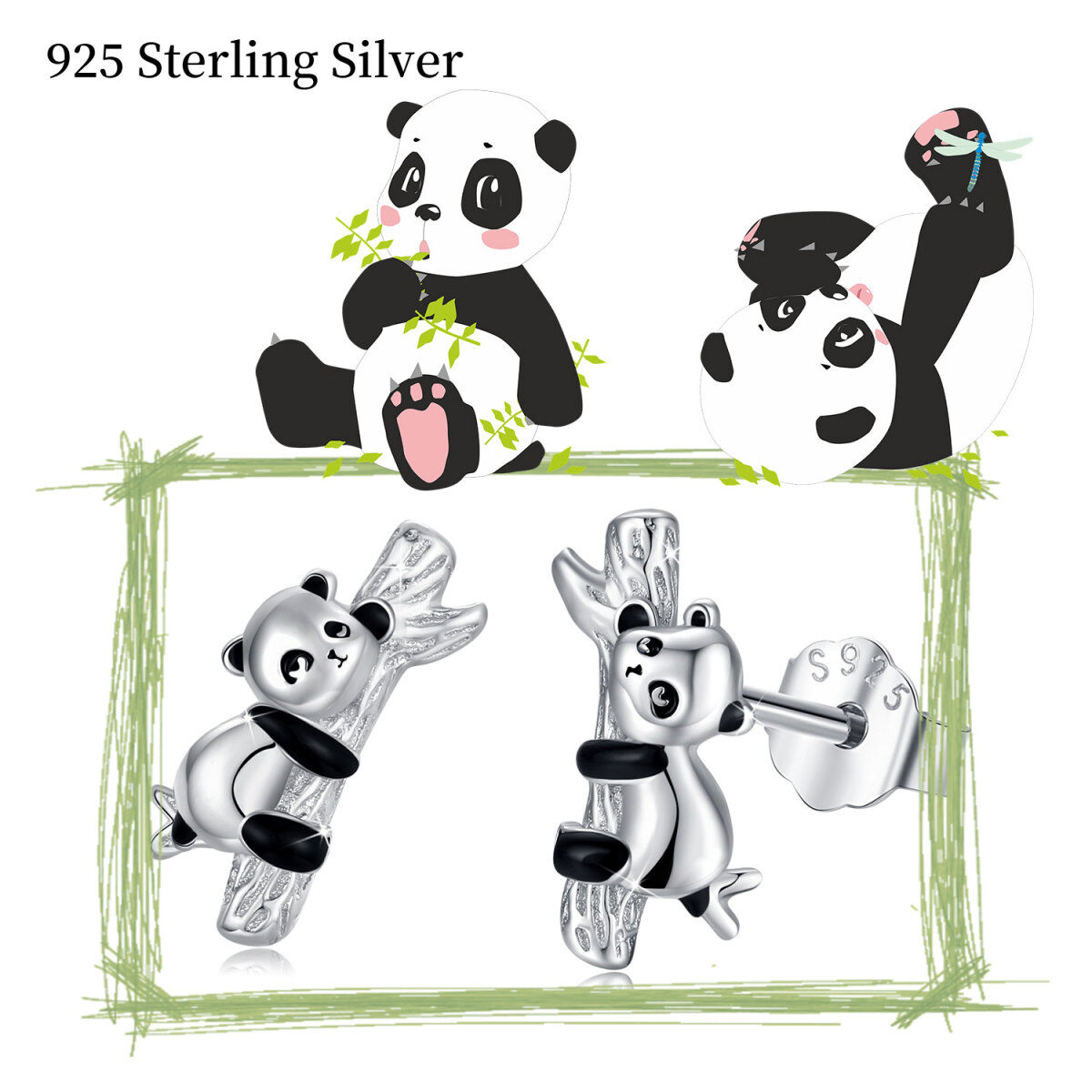 Orecchini a perno Panda in argento sterling-6