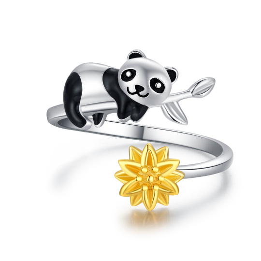 Anillo abierto de plata de ley con diseño de panda y girasol