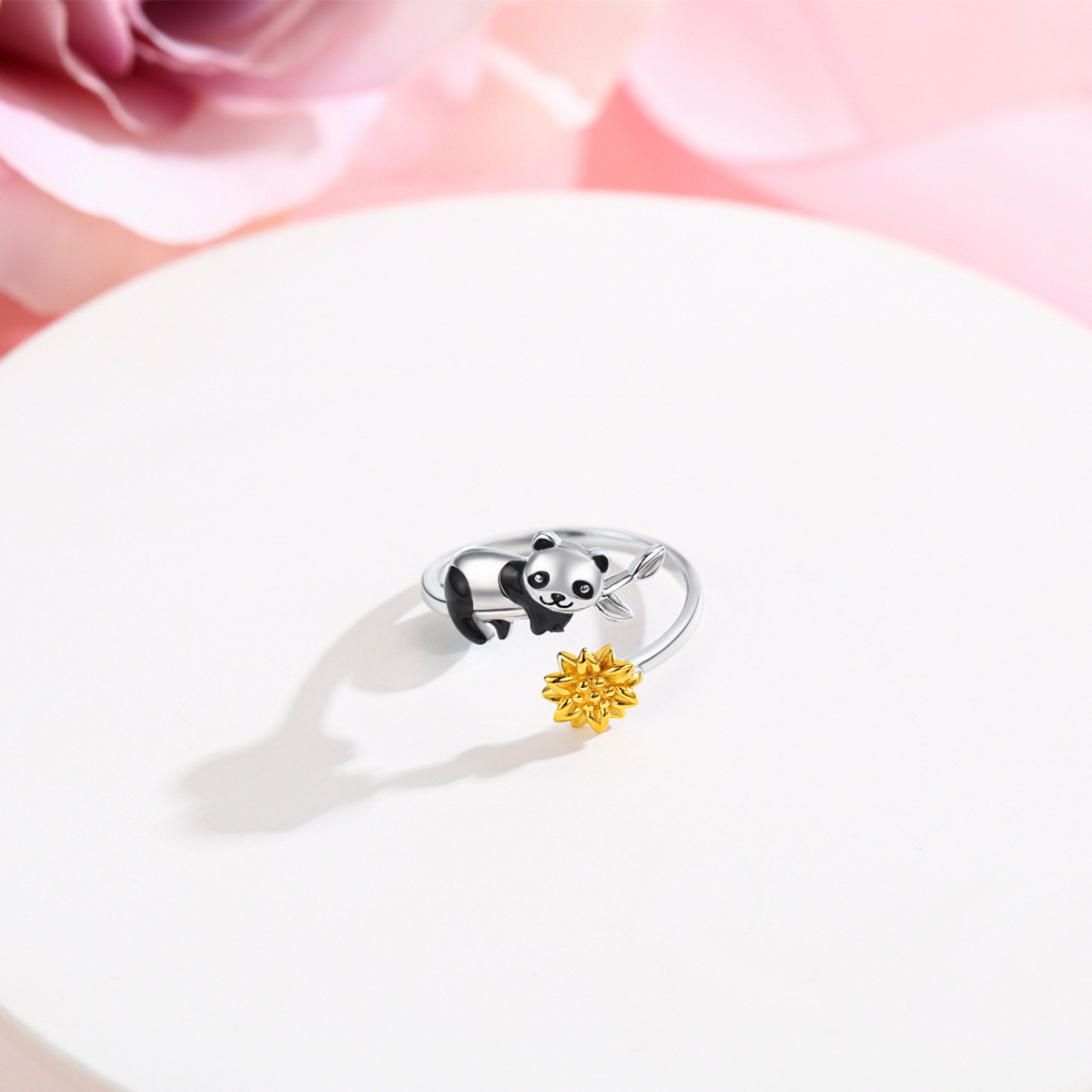 Sterling Silver Panda & Sunflower Open Ring-3