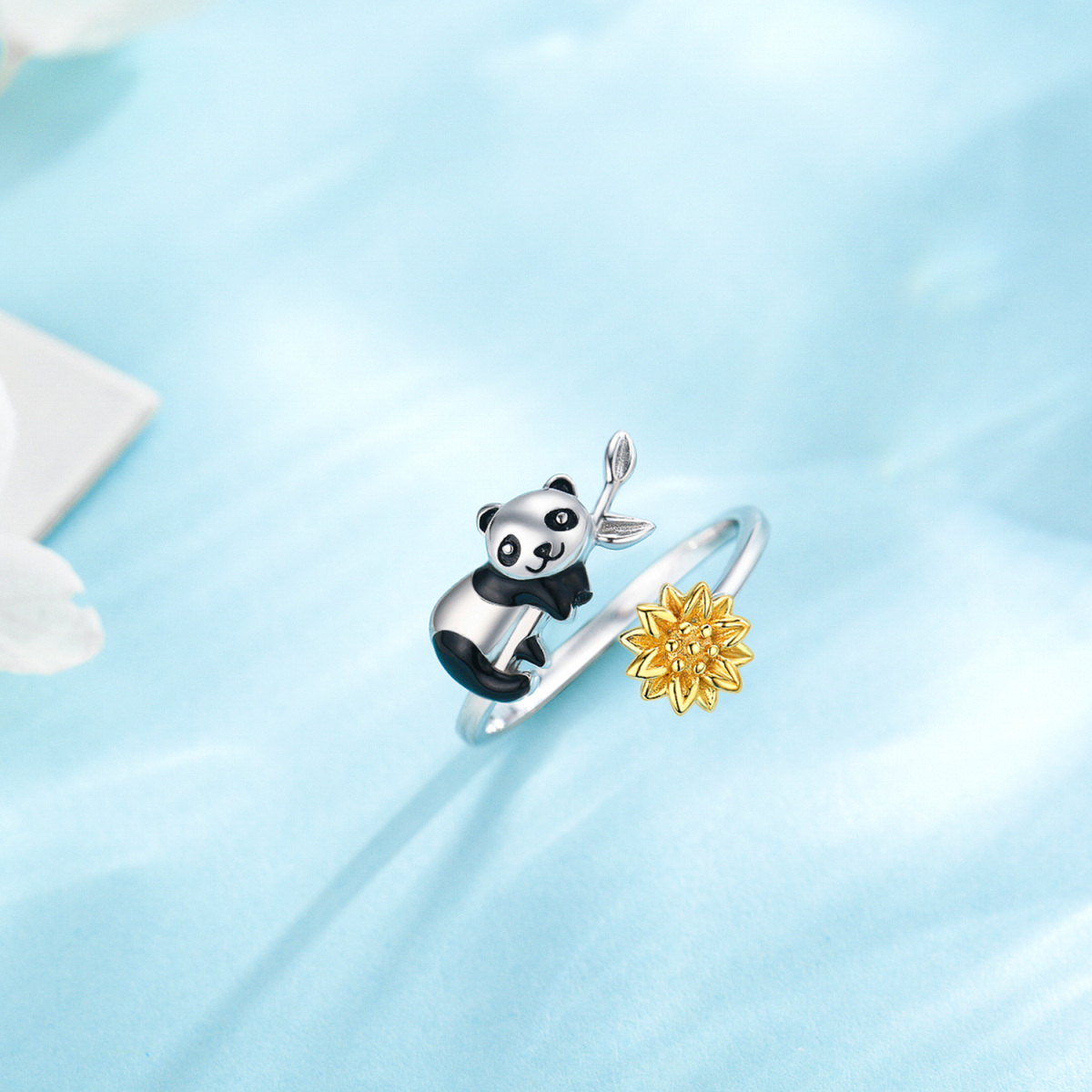 Sterling Silver Panda & Sunflower Open Ring-5