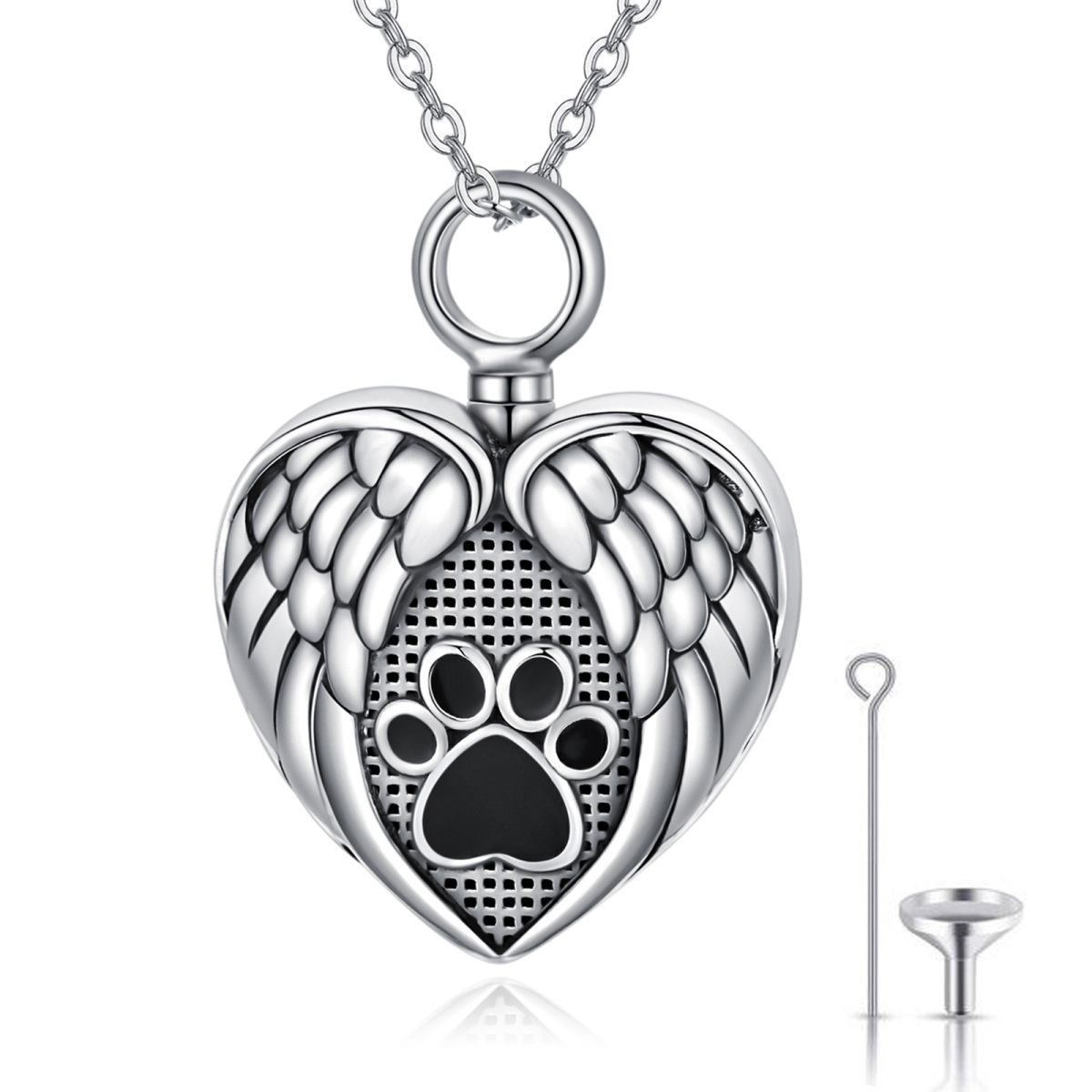 Collana con zampa e ala d'angelo in argento sterling con urna a cuore per ceneri, per unisex-1