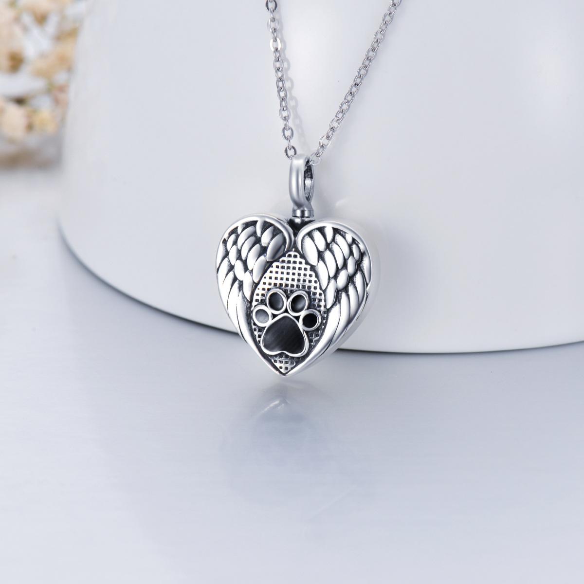 Sterling Silver Paw & Angel Wing With Heart Urn Necklace For Ashes For Unisex-5