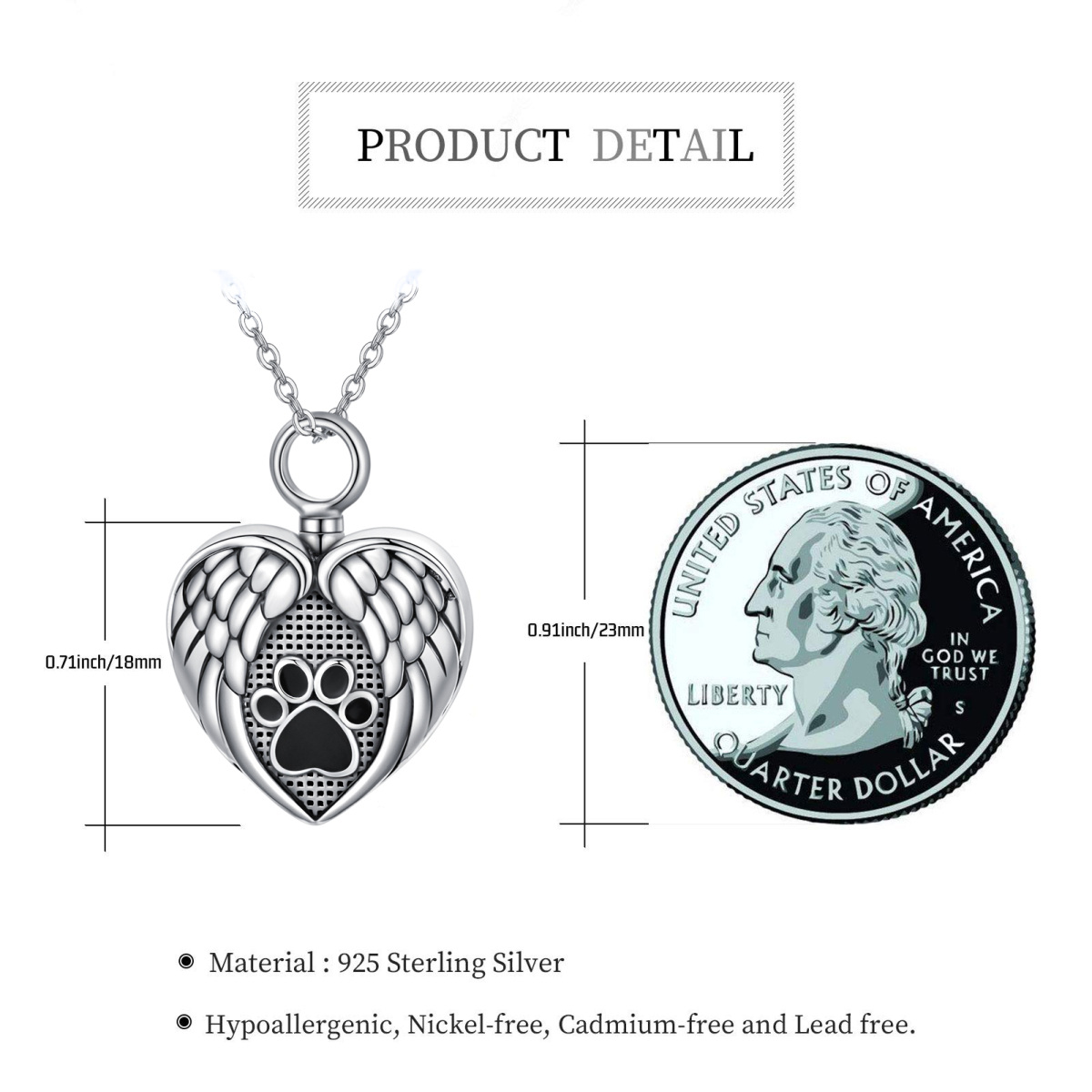 Sterling Silver Paw & Angel Wing With Heart Urn Necklace For Ashes For Unisex-7