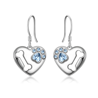 Sterling Silver Cubic Zirconia Paw With Bone Heart Drop Earrings For Women-5