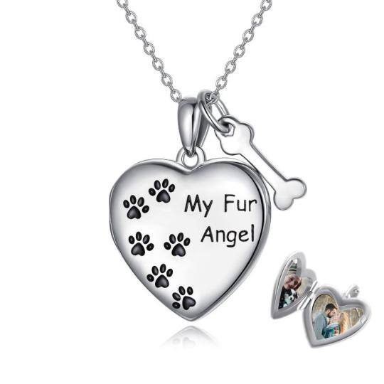 Sterling Silber Paw & Bone Heart personalisierte Foto Medaillon Halskette