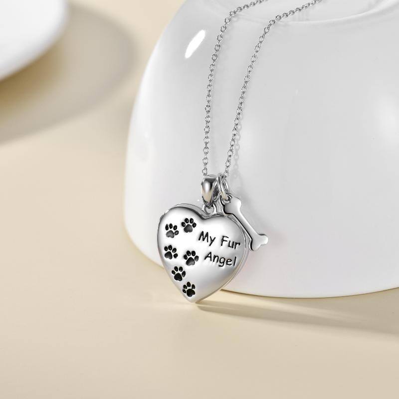 Sterling Silver Paw & Bone Heart Personalized Photo Locket Necklace-2