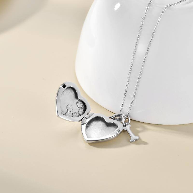 Sterling Silver Paw & Bone Heart Personalized Photo Locket Necklace-3