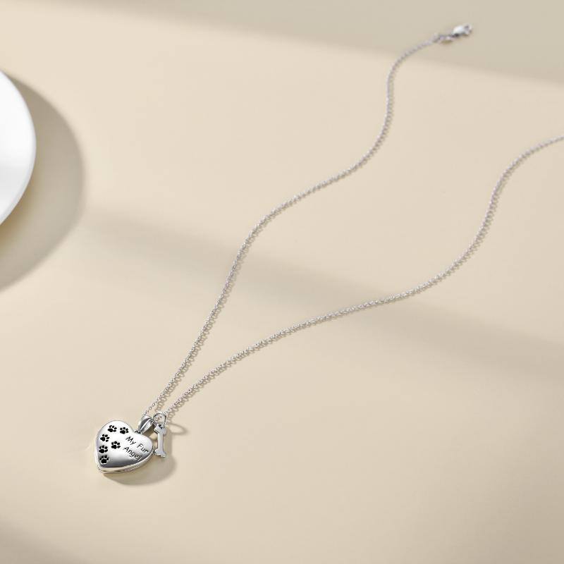 Sterling Silver Paw & Bone Heart Personalized Photo Locket Necklace-4