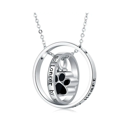 Sterling Silver Paw & Circle Urn Necklace for Ashes with Engraved Word