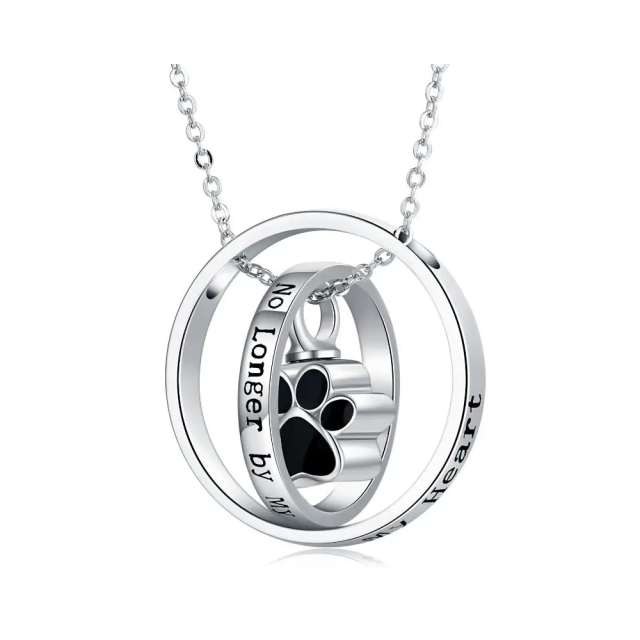 Sterling Silver Paw & Circle Urn Necklace for Ashes with Engraved Word-4