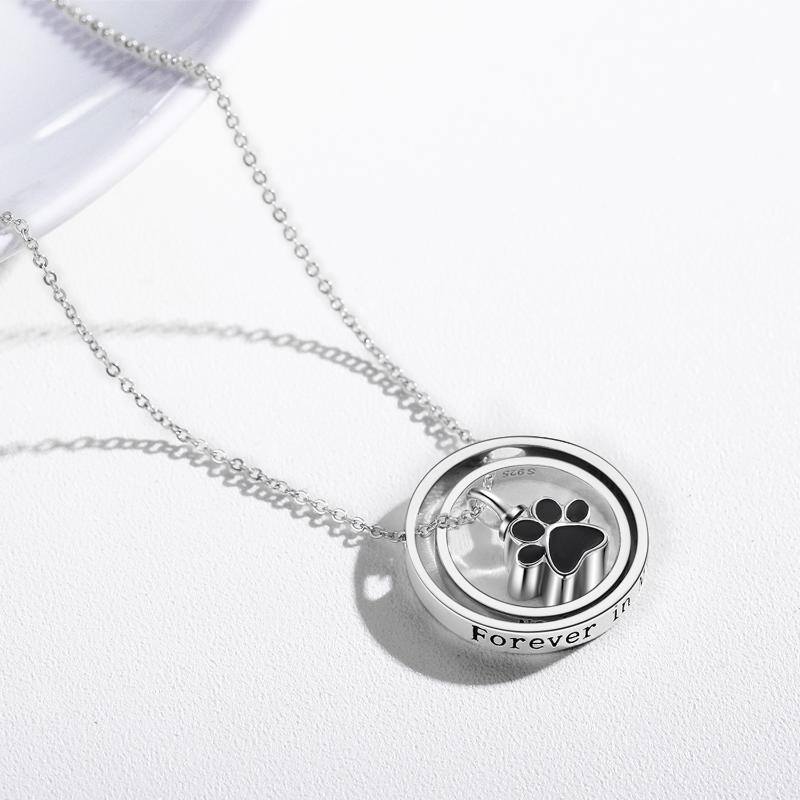 Sterling Silver Paw & Circle Urn Necklace for Ashes with Engraved Word-4