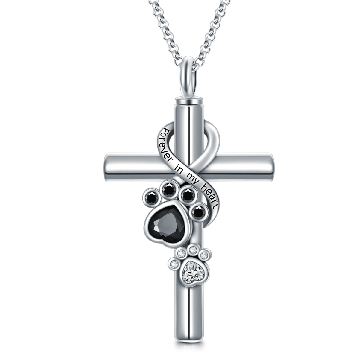 Collier d'urne pour cendres avec mot gravé en argent Cubic Zirconia Paw & Cross & Infinity-1