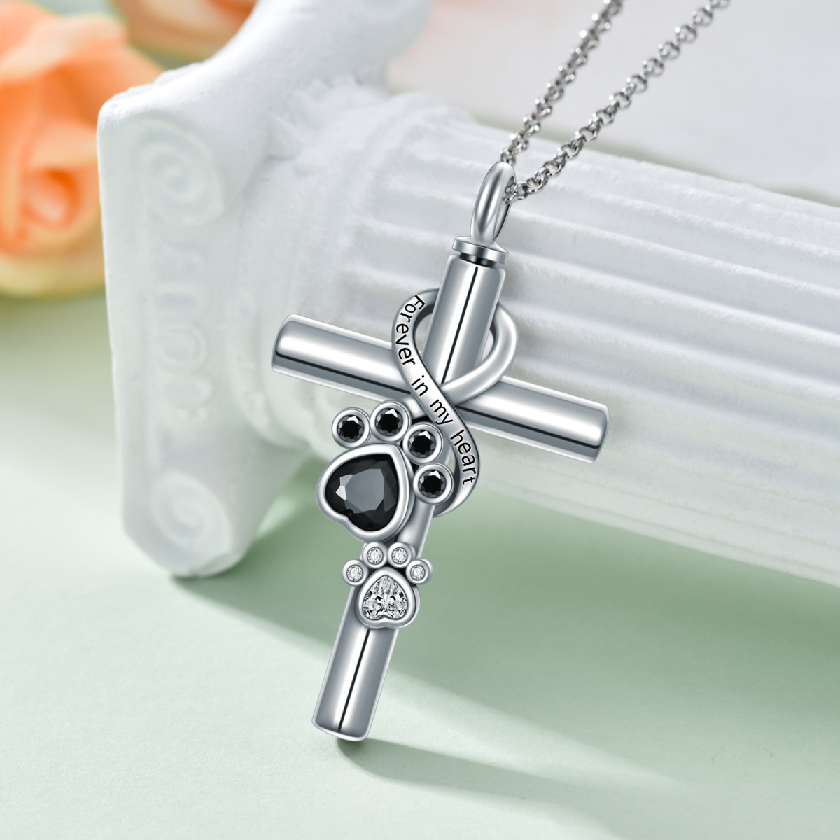 Collier d'urne pour cendres avec mot gravé en argent Cubic Zirconia Paw & Cross & Infinity-3