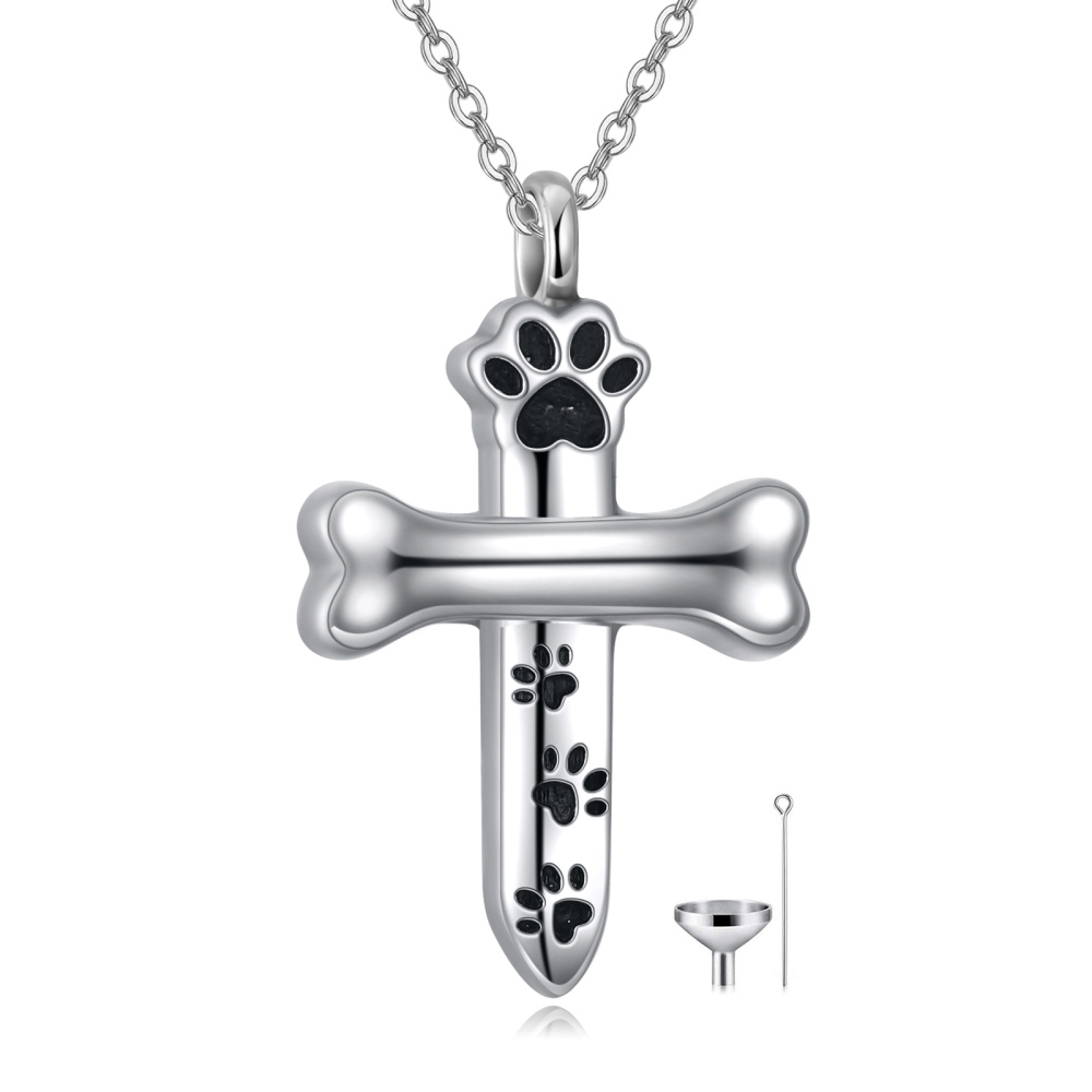 Sterling Silver Paw & Cross Urn Necklace for Ashes with Engraved Word-1