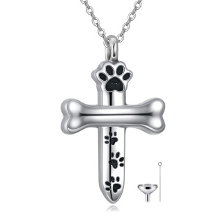 Sterling Silver Paw & Cross Urn Necklace for Ashes with Engraved Word-12