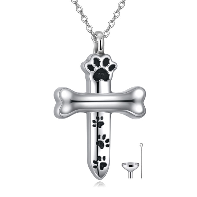 Sterling Silver Paw & Cross Urn Necklace for Ashes with Engraved Word-2