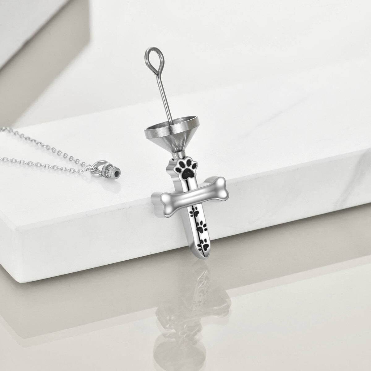 Sterling Silver Paw & Cross Urn Necklace for Ashes with Engraved Word-3