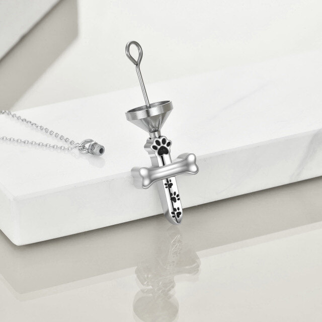 Sterling Silver Paw & Cross Urn Necklace for Ashes with Engraved Word-3