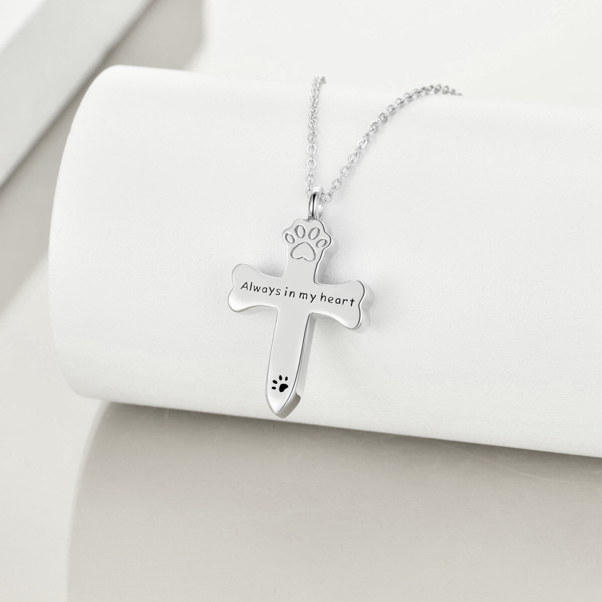 Sterling Silver Paw & Cross Urn Necklace for Ashes with Engraved Word-4