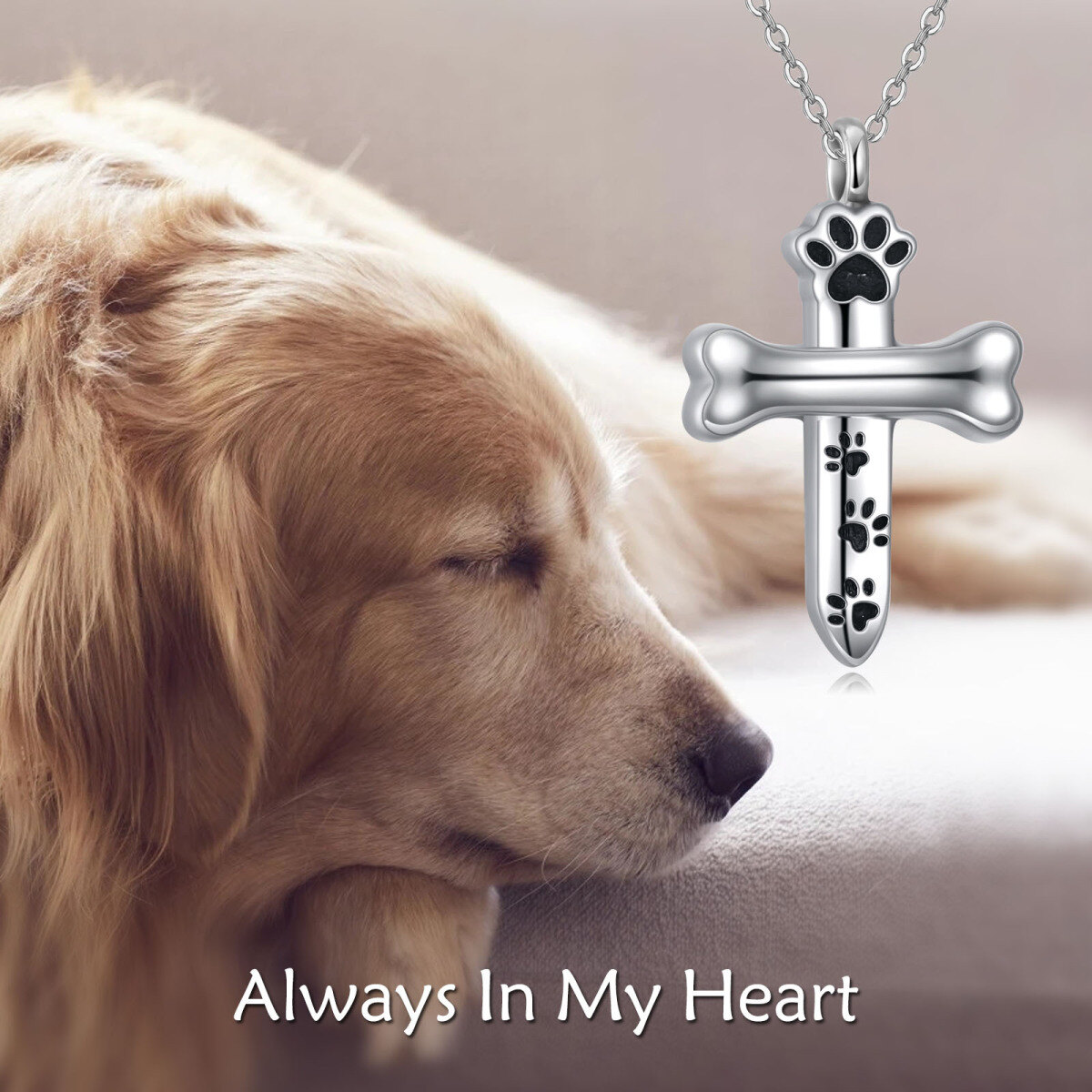 Sterling Silver Paw & Cross Urn Necklace for Ashes with Engraved Word-5