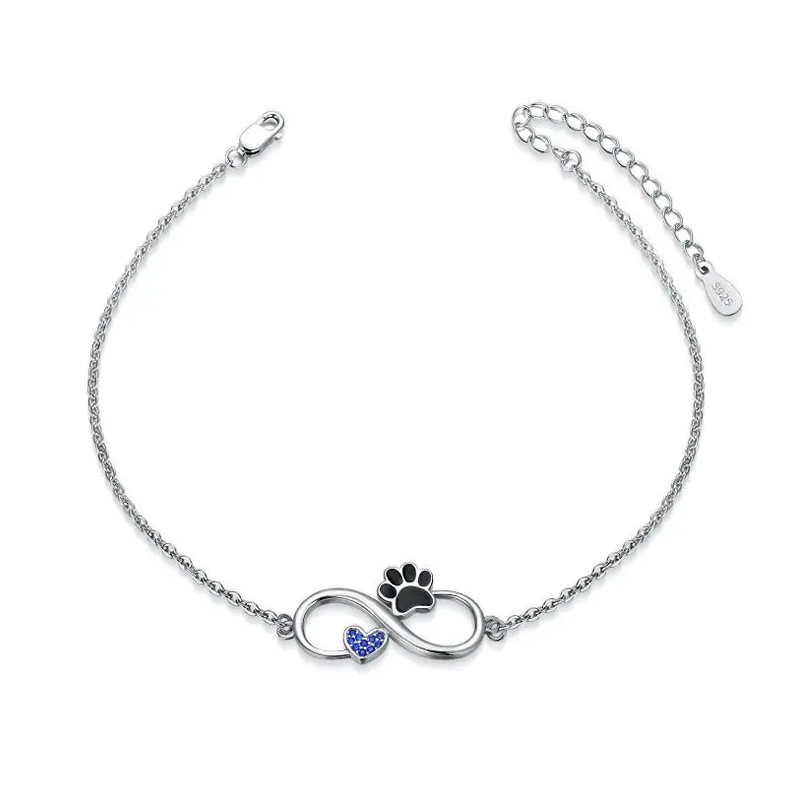 Sterling Silver Cubic Zirconia Paw & Heart & Infinity Symbol Charm Bracelet-1