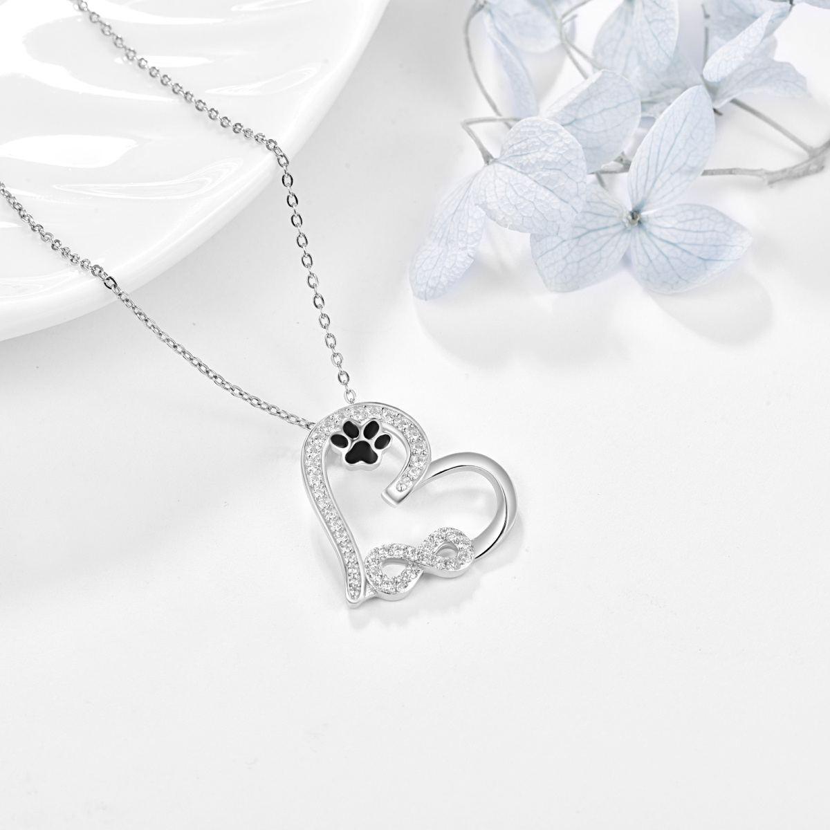 Sterling Silver Cubic Zirconia Paw Heart And Infinity Symbol Pendant Necklace For Women-4