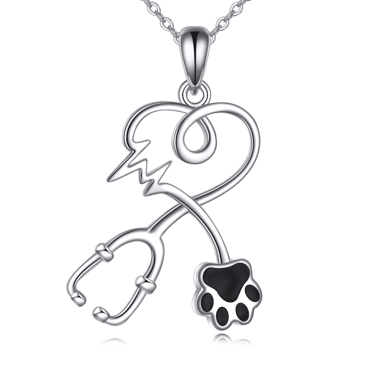 Sterling Silver Paw & Heart & Stethoscope Pendant Necklace-1