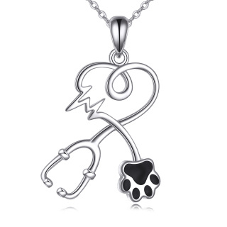 Sterling Silver Paw & Heart & Stethoscope Pendant Necklace-1