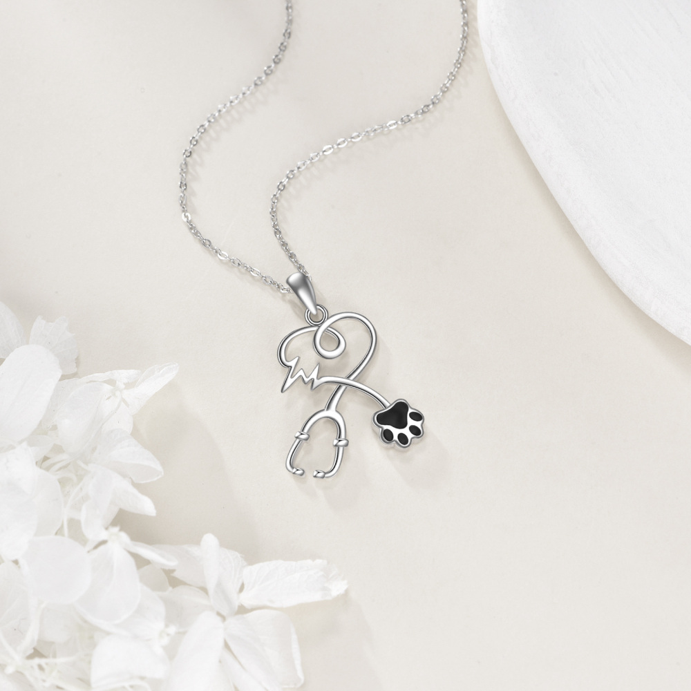 Sterling Silver Paw & Heart & Stethoscope Pendant Necklace-3