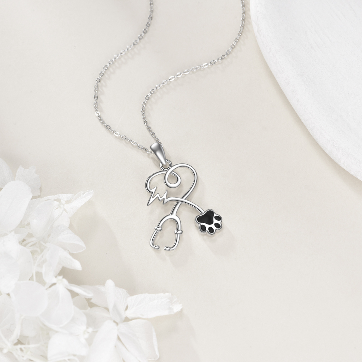 Sterling Silver Paw & Heart & Stethoscope Pendant Necklace-3