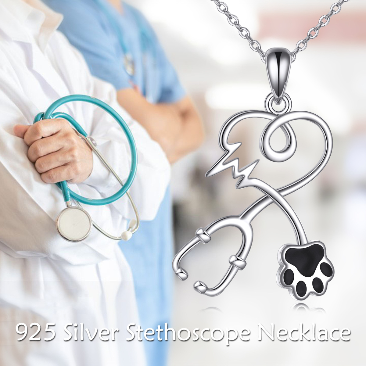 Sterling Silver Paw & Heart & Stethoscope Pendant Necklace-6