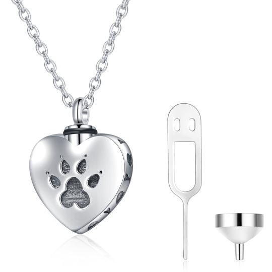 Collana per urne in argento sterling con zampa e cuore per le ceneri con parola incisa