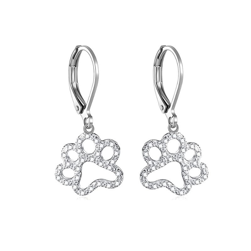 Sterling Silver Cubic Zirconia Paw Lever-back Earrings-41
