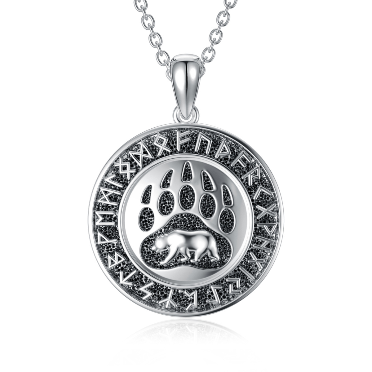 Sterling Silver Paw & Polar Bear With Viking Rune Pendant Necklace For Men-1