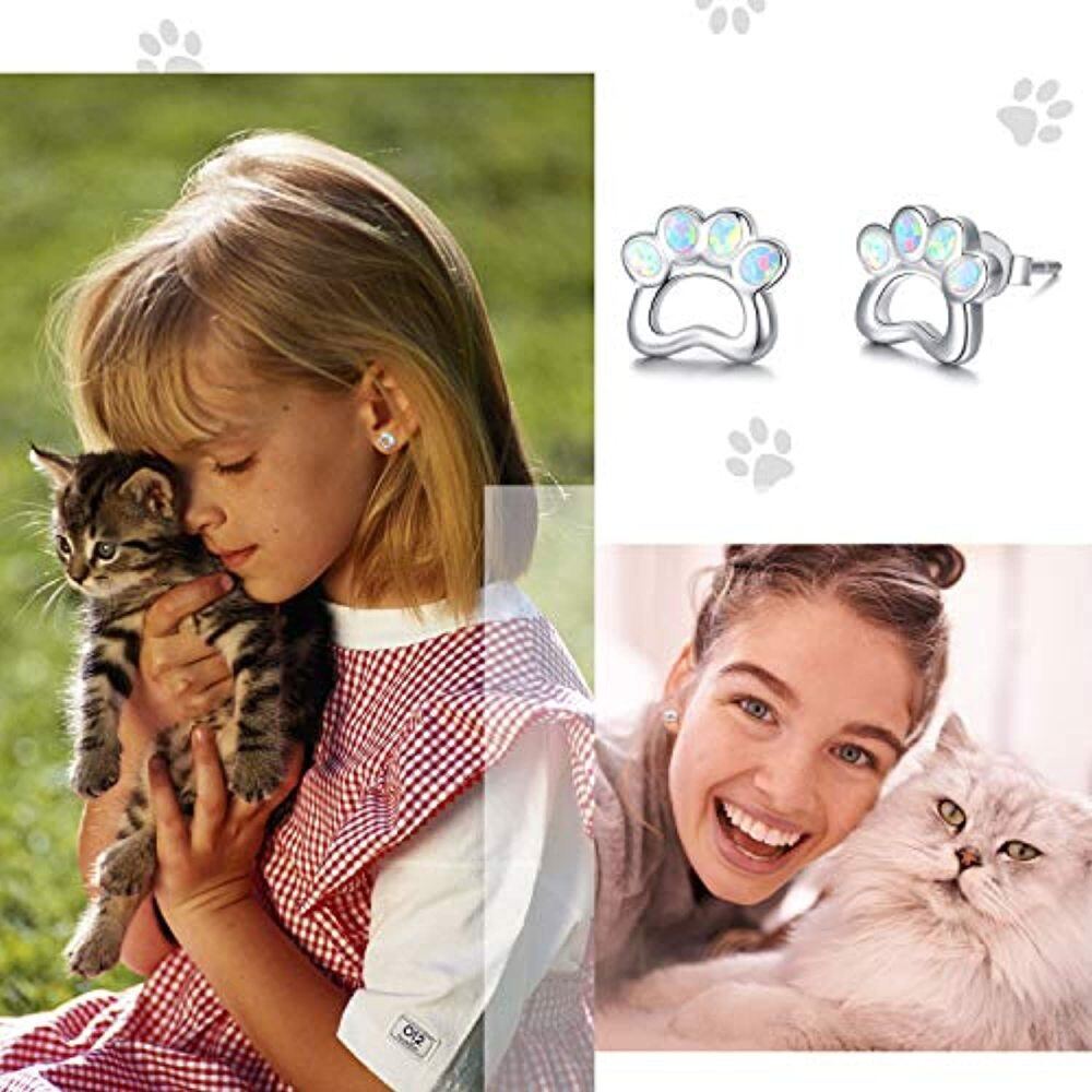 Sterling Silver Opal Paw Stud Earrings-5