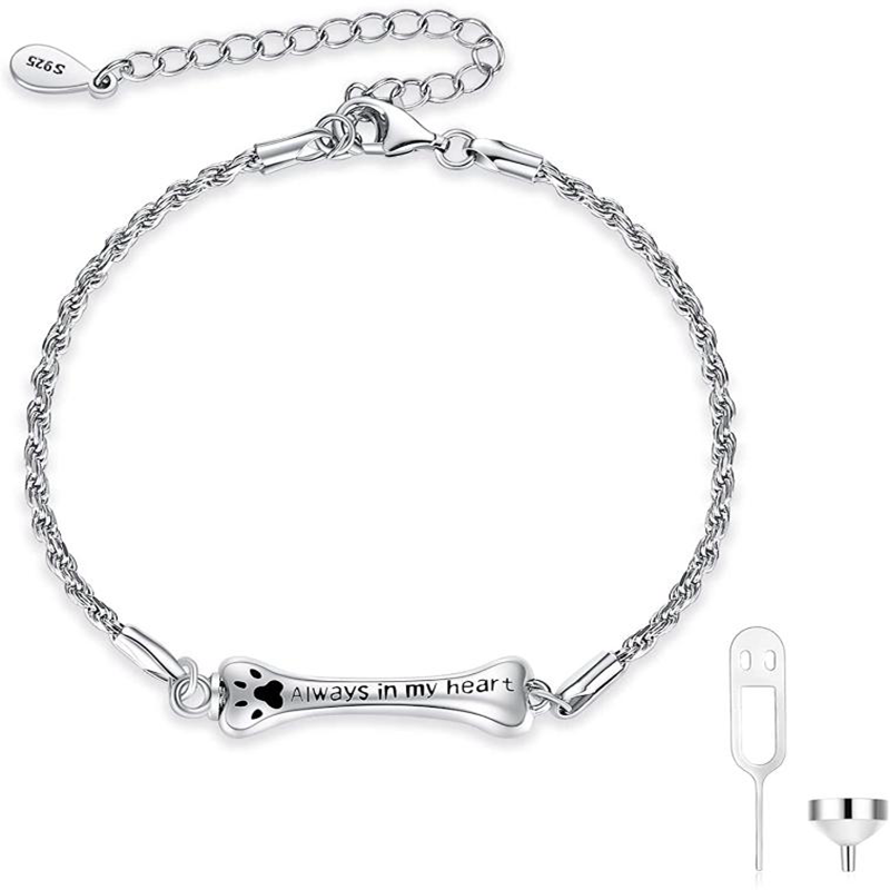 Sterling Silver Paw Urn Bracelet for Ashes with Engraved Word