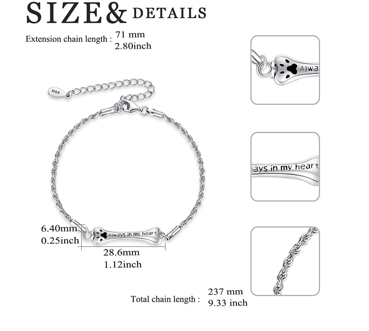 Bracelet en argent sterling pour cendres avec mot gravé-5