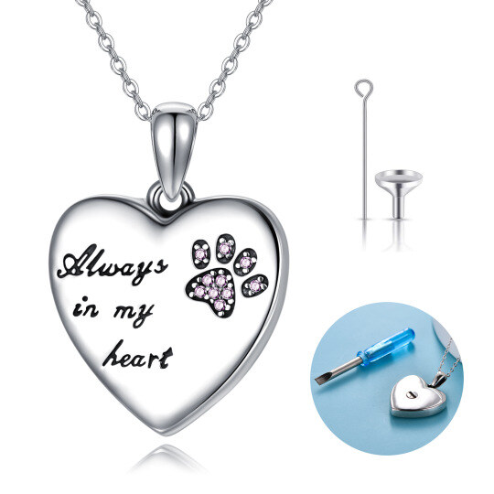 Sterling Silver Cubic Zirconia Paw Urn Necklace for Ashes with Engraved Word